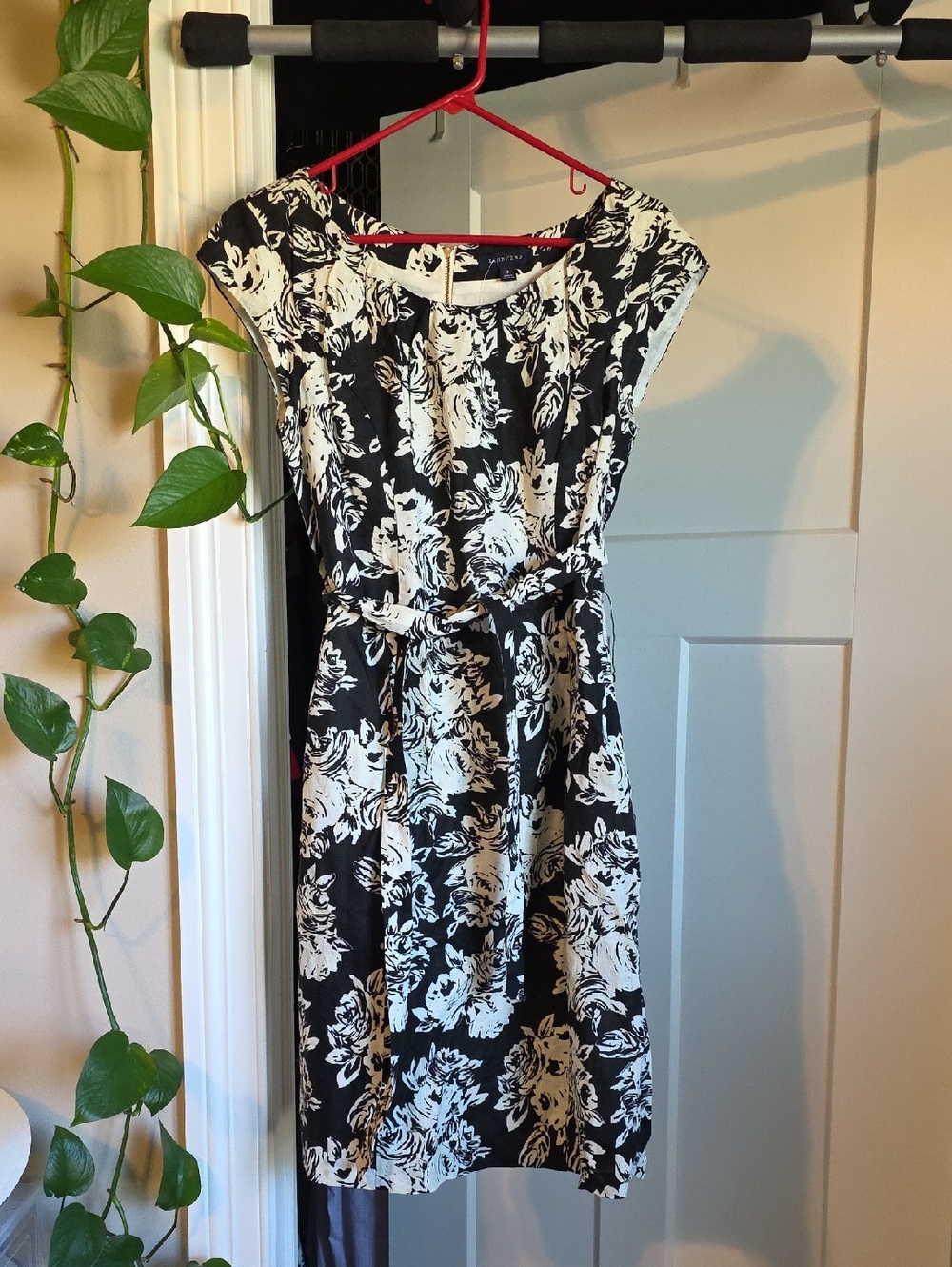 Lands' End Black & White Floral Belted Midi Dress